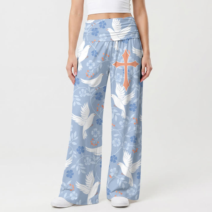Christianartworkshop Pantalones de mujer de talle alto y pierna ancha con estampado de flores de paloma en azul cielo. - EE. UU. 22, Reino Unido/Australia 26, UE 54 - image 0