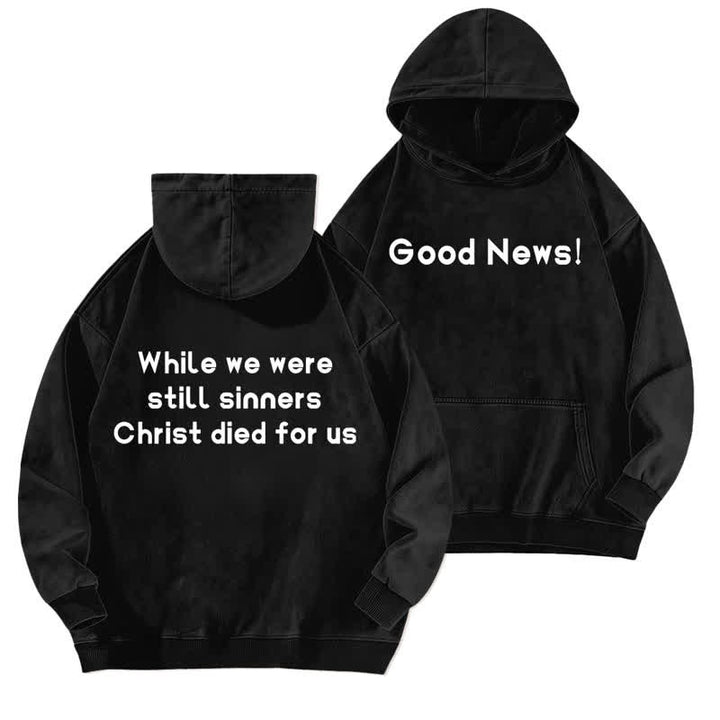 Christianartworkshop Sudadera con capucha lavada con estampado de buenas noticias (parte delantera y trasera) - Negro - 5XL - image 3