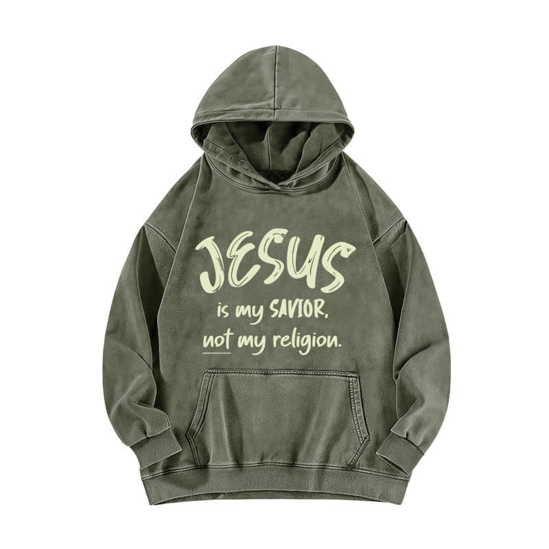 Christianartworkshop Sudadera con capucha estilo vintage "Jesús es mi salvador" color verde oliva lavado. - Verde militar - 5XL - image 0