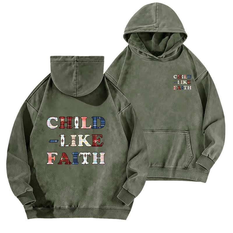 Christianartworkshop Sudadera con capucha lavada con estampado de cuadros y letras en la parte delantera y trasera, estilo infantil. - Verde militar - 5XL - image 6