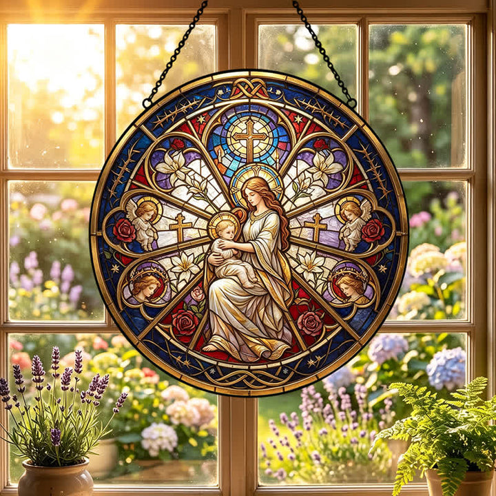Christianartworkshop Atrapasueños de cristal con símbolos sagrados florales de la Natividad: emblema de suave consuelo celestial. - image 0