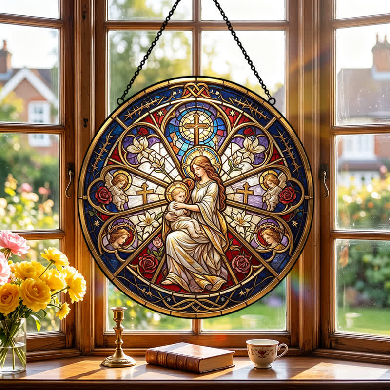 Christianartworkshop Atrapasueños de cristal con símbolos sagrados florales de la Natividad: emblema de suave consuelo celestial. - image 3