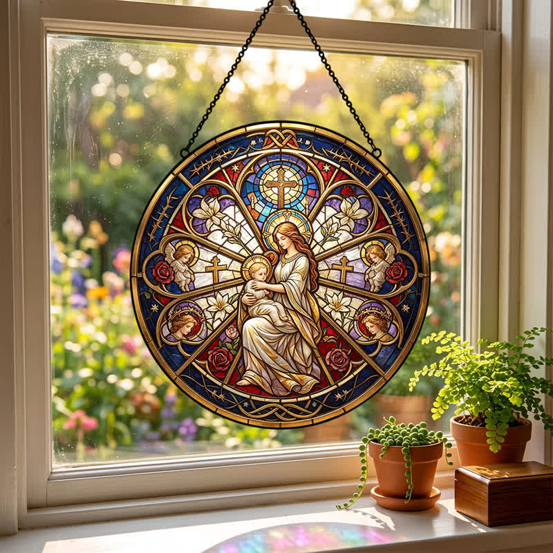 Christianartworkshop Atrapasueños de cristal con símbolos sagrados florales de la Natividad: emblema de suave consuelo celestial. - image 2