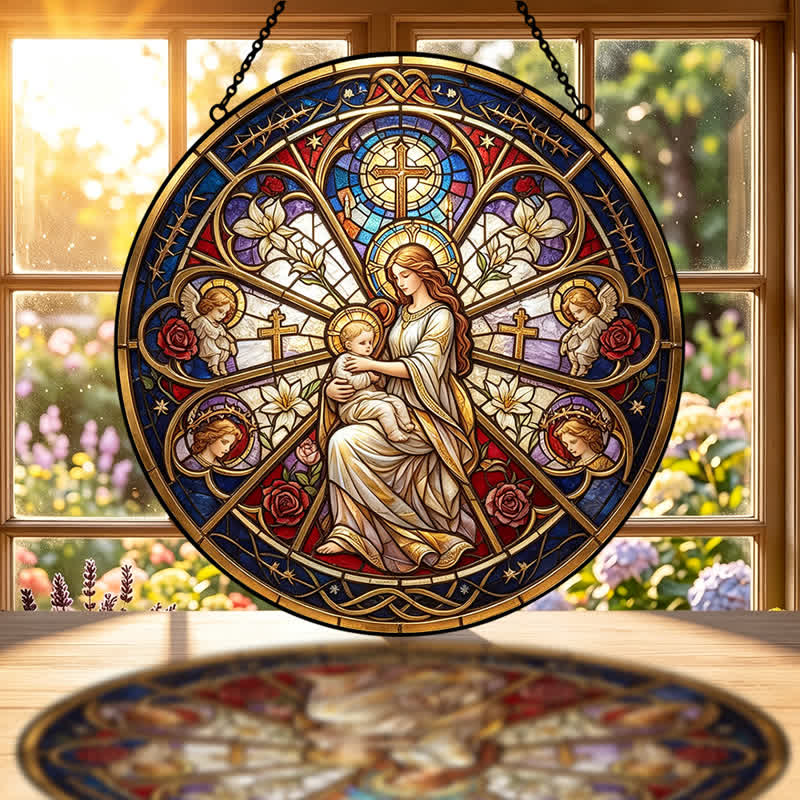 Christianartworkshop Atrapasueños de cristal con símbolos sagrados florales de la Natividad: emblema de suave consuelo celestial. - image 1