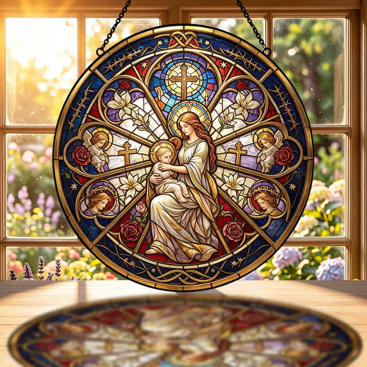 Christianartworkshop Atrapasueños de cristal con símbolos sagrados florales de la Natividad: emblema de suave consuelo celestial. - image 1