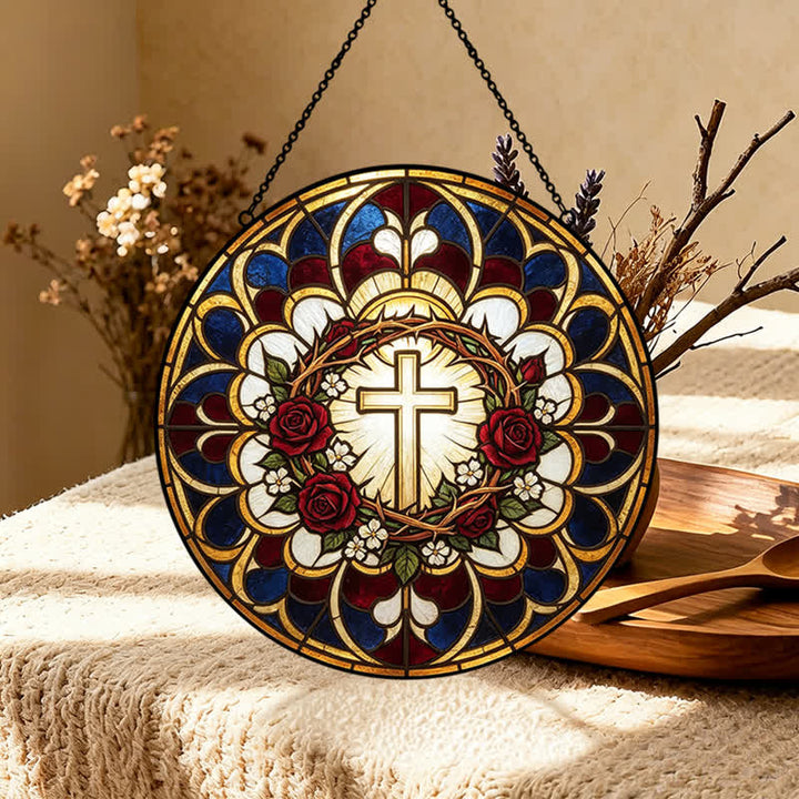Christianartworkshop Atrapasueños de vidrieras con cruz de halo radiante: emblema de pura radiación celestial. - image 3