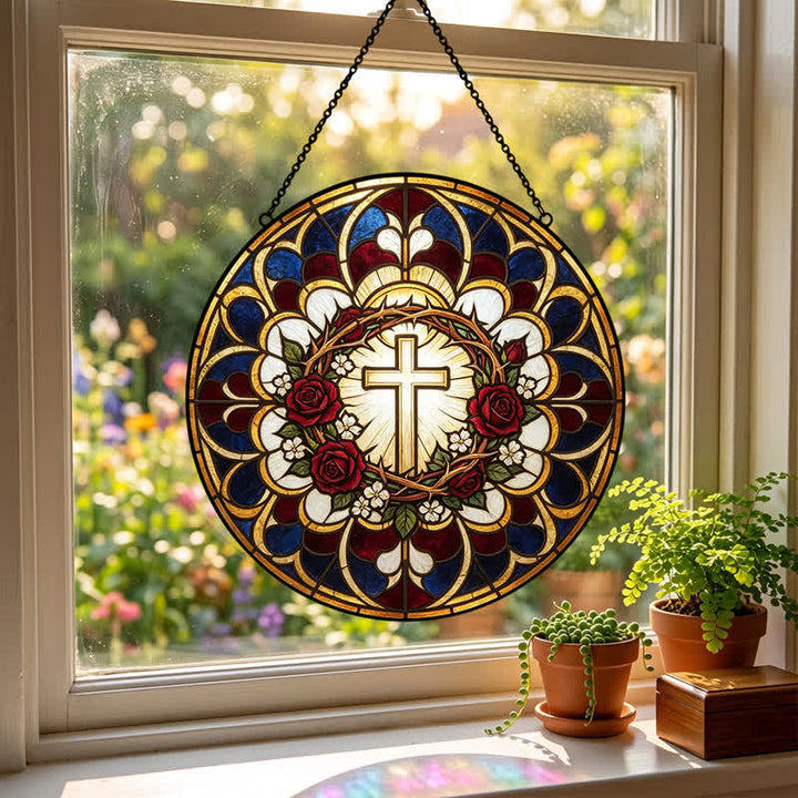 Christianartworkshop Atrapasueños de vidrieras con cruz de halo radiante: emblema de pura radiación celestial. - image 2