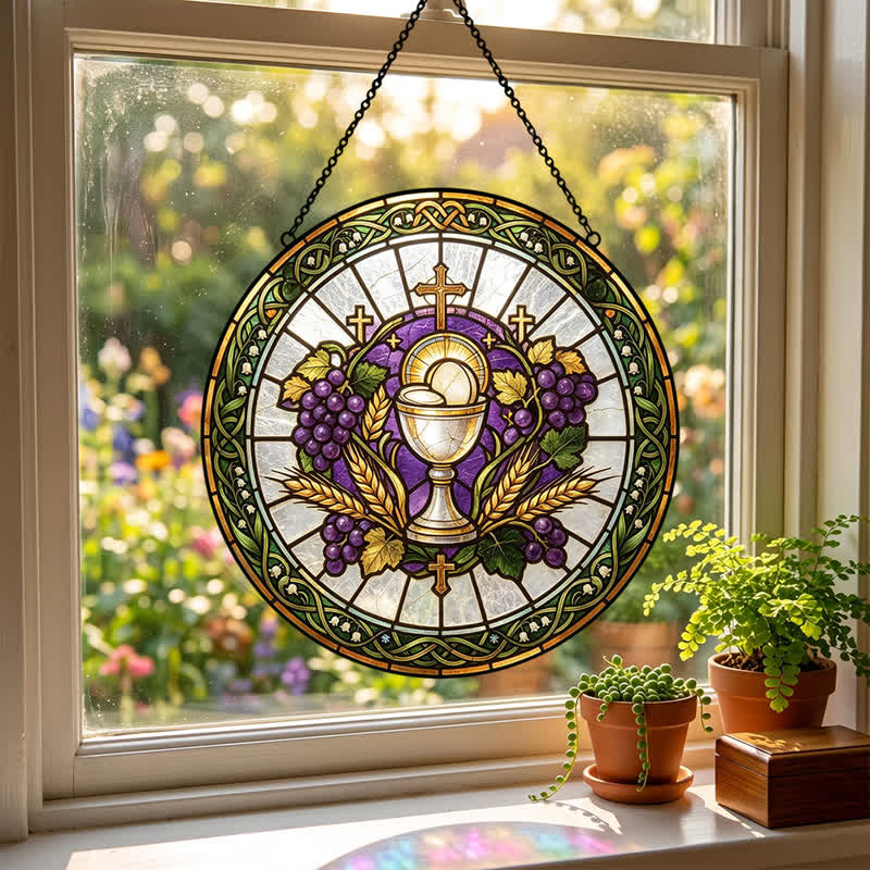 Christianartworkshop Atrapasueños de vidrieras con forma de cáliz sagrado radiante: emblema de la pura gracia celestial. - image 0