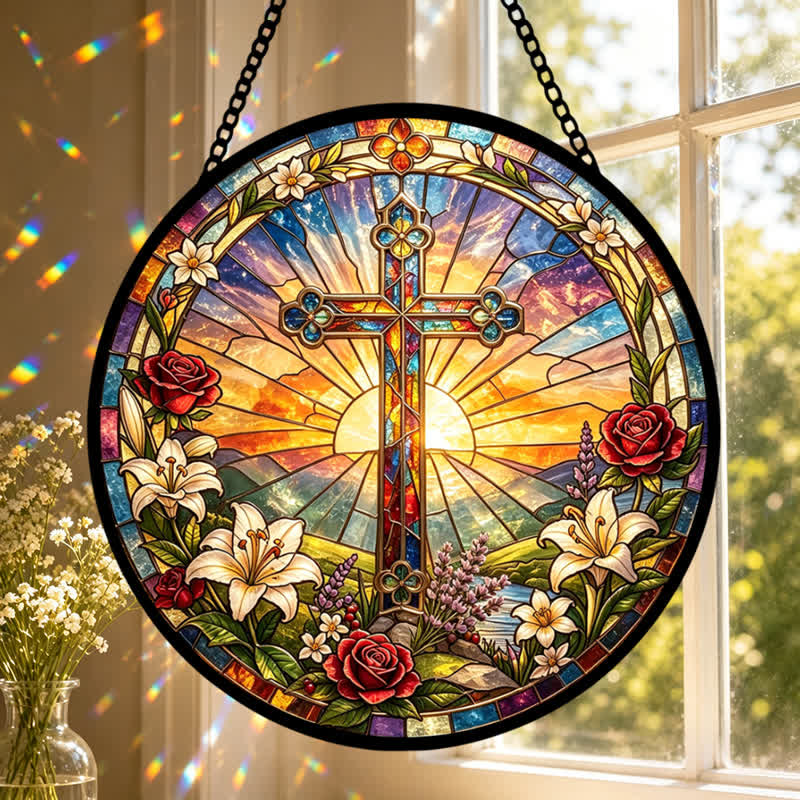 Christianartworkshop Atrapasueños de cristal con forma de cruz de lirios y rosas: emblema de la dulce pureza divina. - image 0