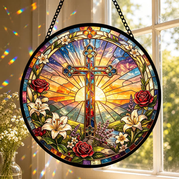 Christianartworkshop Atrapasueños de cristal con forma de cruz de lirios y rosas: emblema de la dulce pureza divina. - image 0
