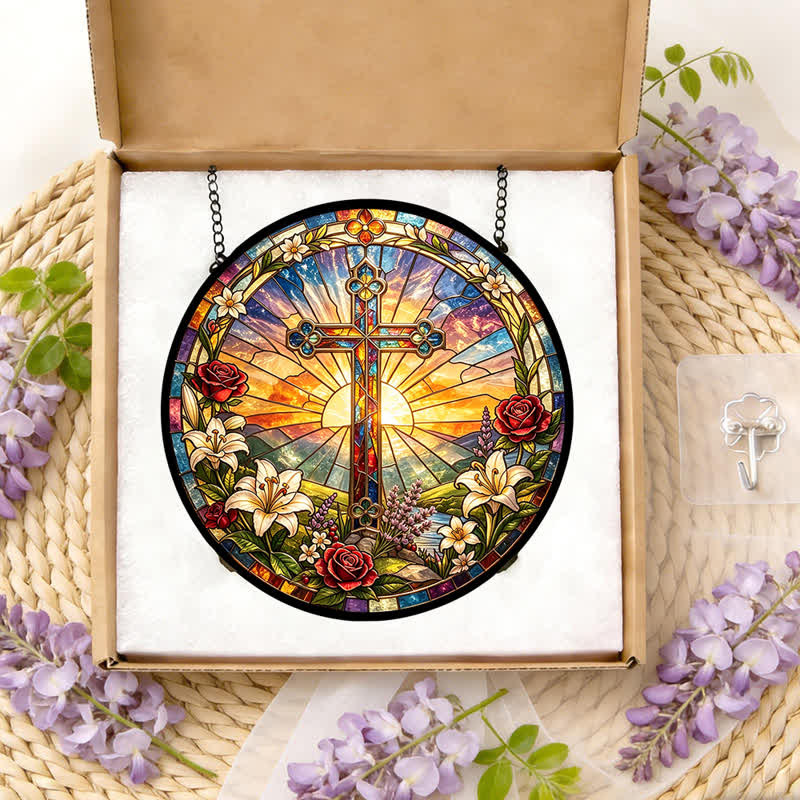 Christianartworkshop Atrapasueños de cristal con forma de cruz de lirios y rosas: emblema de la dulce pureza divina. - image 11
