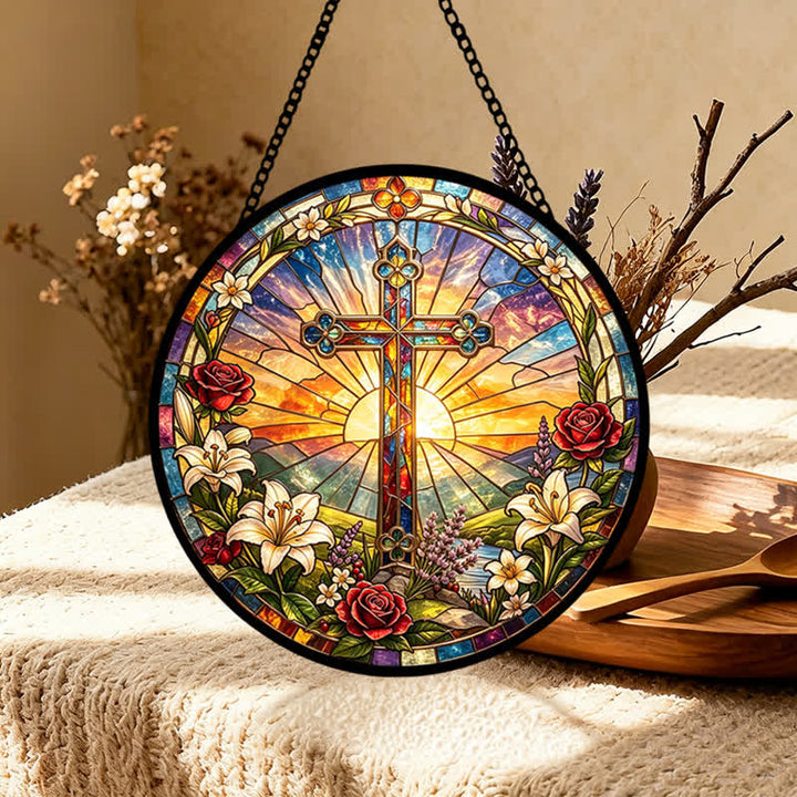 Christianartworkshop Atrapasueños de cristal con forma de cruz de lirios y rosas: emblema de la dulce pureza divina. - image 3