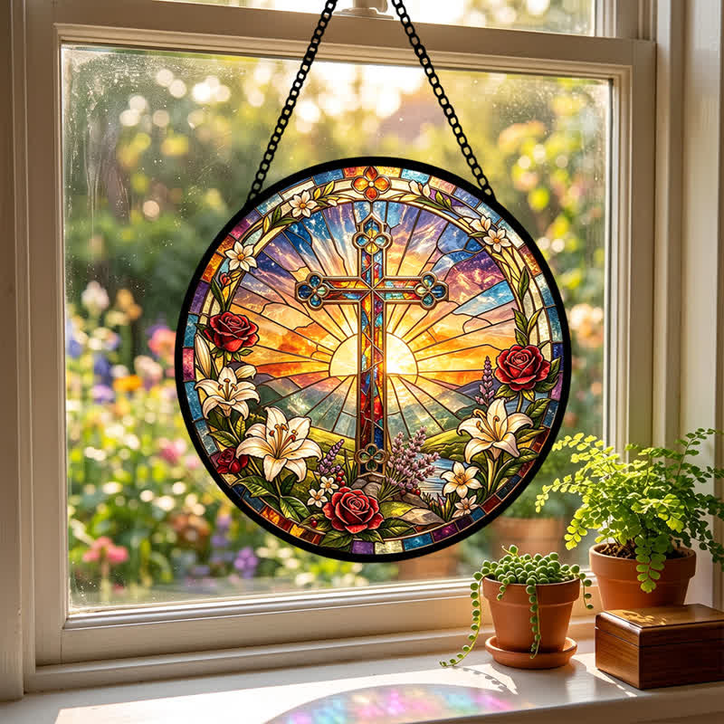 Christianartworkshop Atrapasueños de cristal con forma de cruz de lirios y rosas: emblema de la dulce pureza divina. - image 4