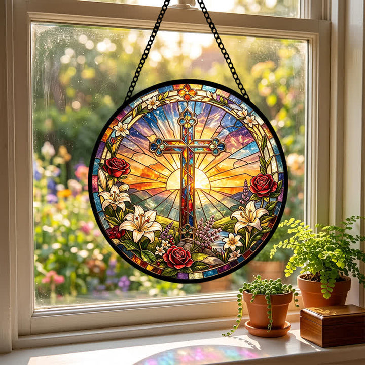 Christianartworkshop Atrapasueños de cristal con forma de cruz de lirios y rosas: emblema de la dulce pureza divina. - image 4