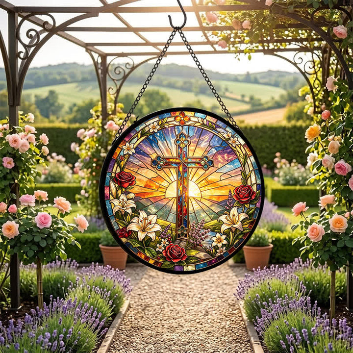 Christianartworkshop Atrapasueños de cristal con forma de cruz de lirios y rosas: emblema de la dulce pureza divina. - image 6