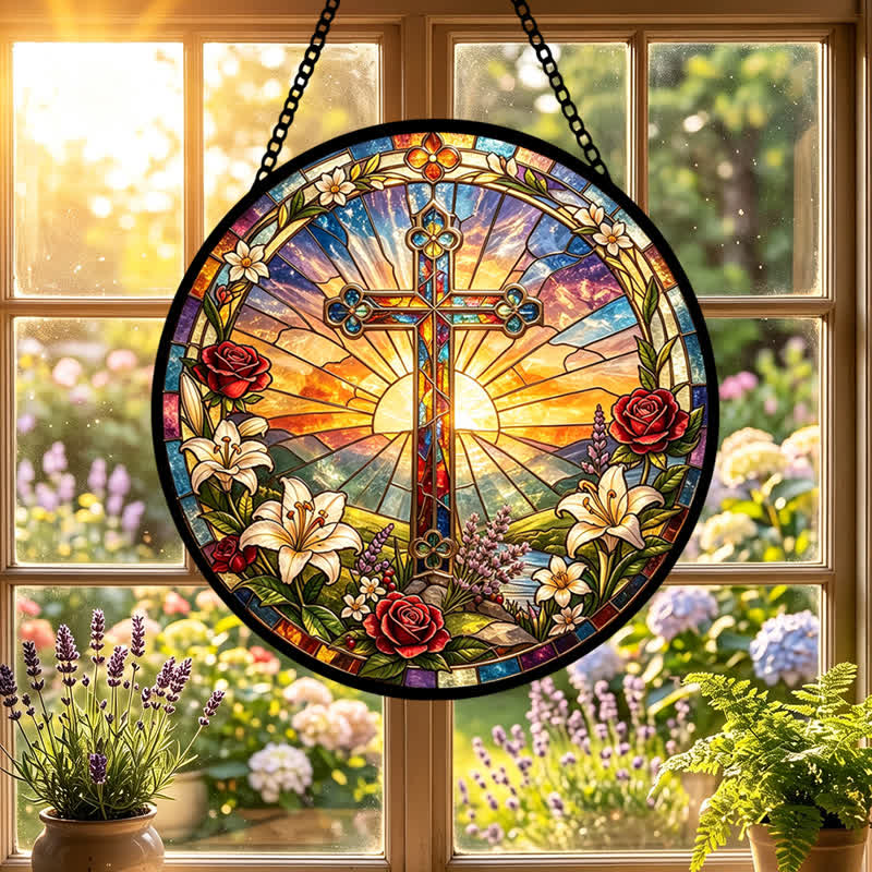 Christianartworkshop Atrapasueños de cristal con forma de cruz de lirios y rosas: emblema de la dulce pureza divina. - image 5