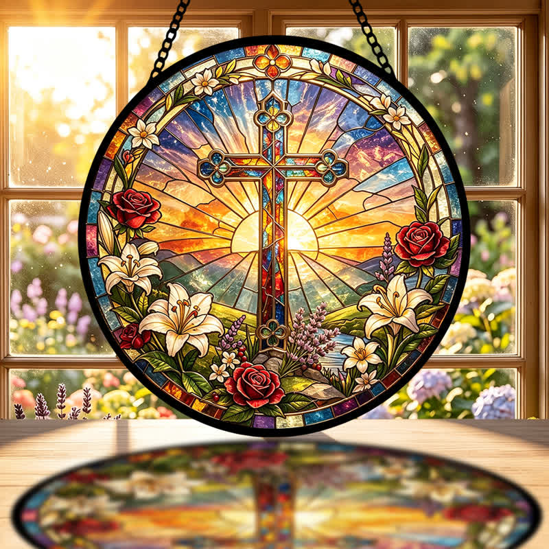 Christianartworkshop Atrapasueños de cristal con forma de cruz de lirios y rosas: emblema de la dulce pureza divina. - image 1