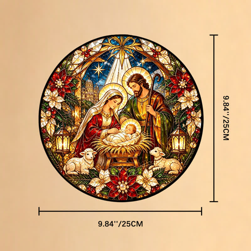 Christianartworkshop Atrapasueños redondo de vitrales con forma de Natividad: Emblema de la tierna llegada celestial. - 9,84''*9,84''*0,14''/25*25*0,35 cm - image 9