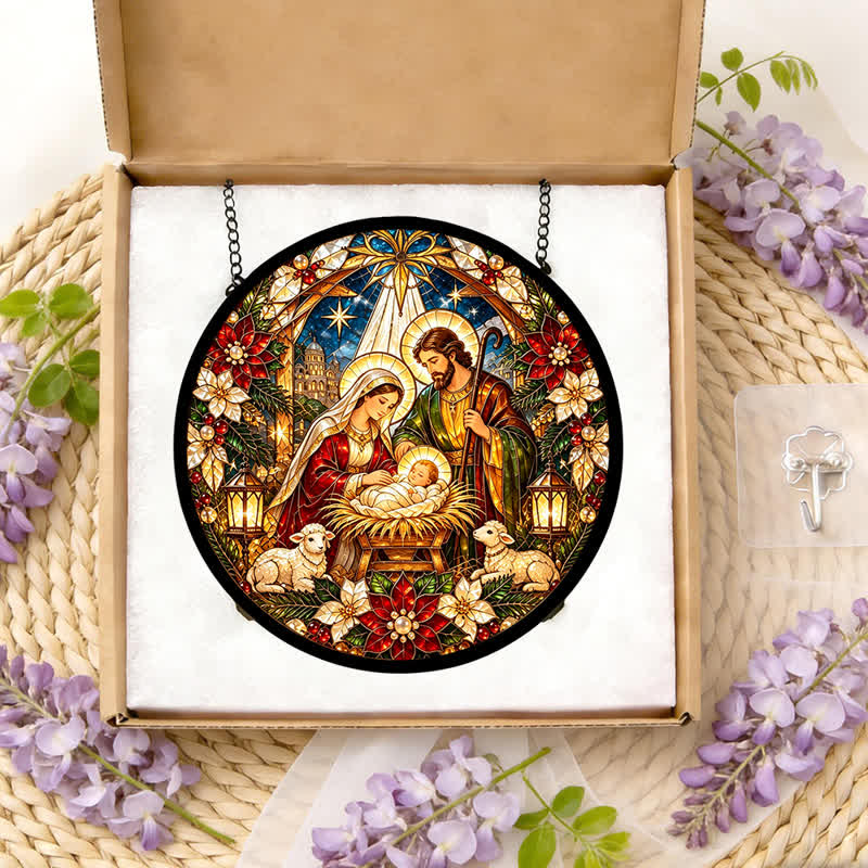 Christianartworkshop Atrapasueños redondo de vitrales con forma de Natividad: Emblema de la tierna llegada celestial. - image 11