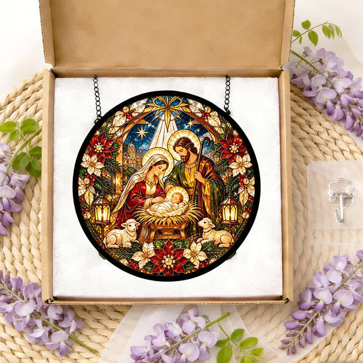 Christianartworkshop Atrapasueños redondo de vitrales con forma de Natividad: Emblema de la tierna llegada celestial. - image 11