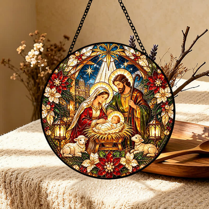 Christianartworkshop Atrapasueños redondo de vitrales con forma de Natividad: Emblema de la tierna llegada celestial. - image 5