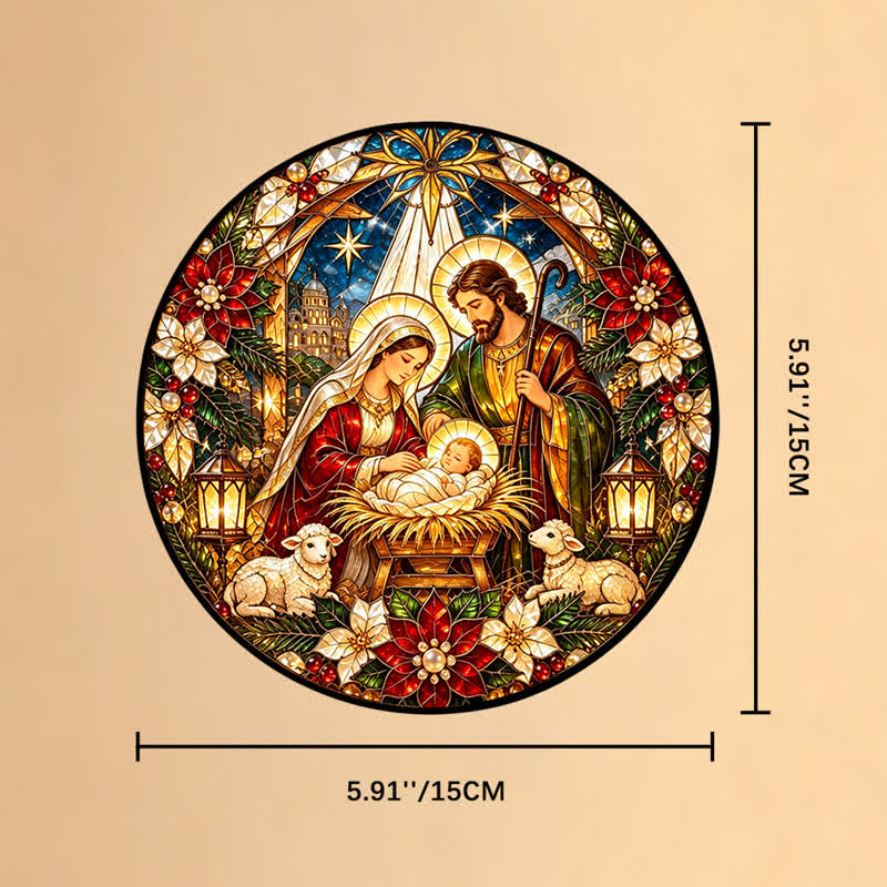 Christianartworkshop Atrapasueños redondo de vitrales con forma de Natividad: Emblema de la tierna llegada celestial. - 5,91''*5,91''*0,14''/15*15*0,35 cm - image 7