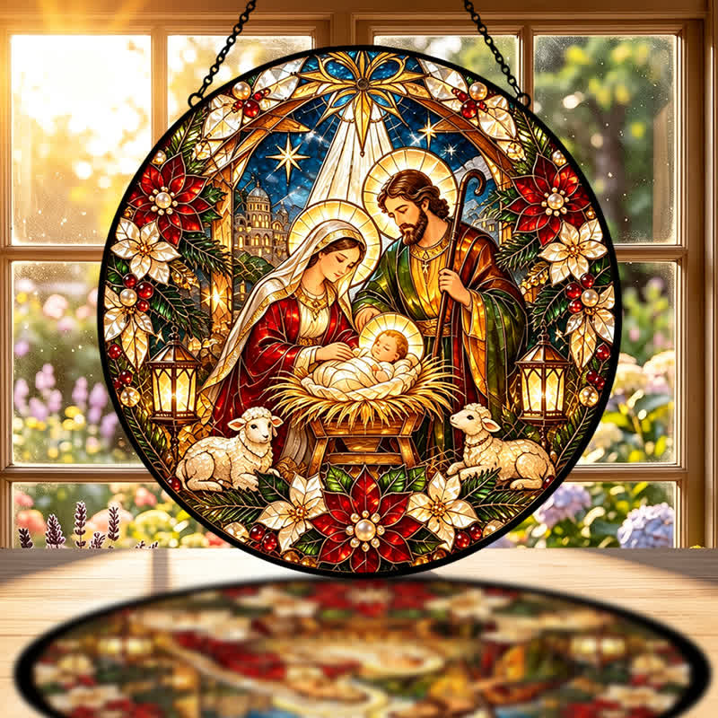 Christianartworkshop Atrapasueños redondo de vitrales con forma de Natividad: Emblema de la tierna llegada celestial. - image 1