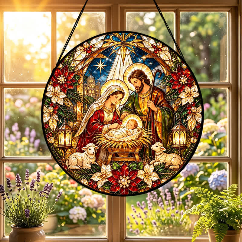 Christianartworkshop Atrapasueños redondo de vitrales con forma de Natividad: Emblema de la tierna llegada celestial. - image 0