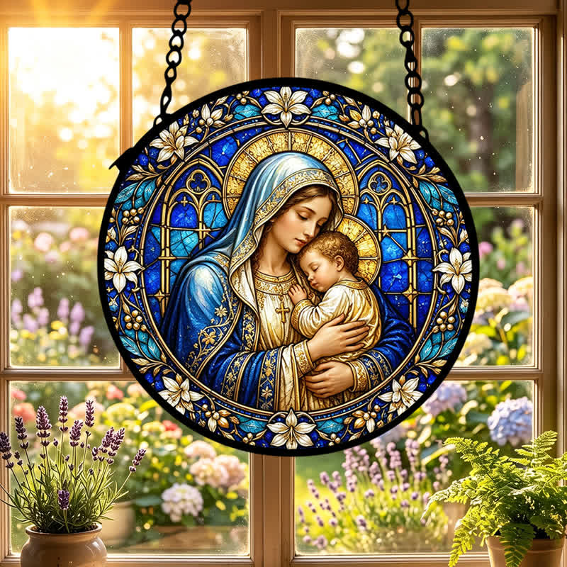 Christianartworkshop Atrapasueños circular ornamentado de cristal con forma de belén: emblema de la serena ternura divina. - image 0