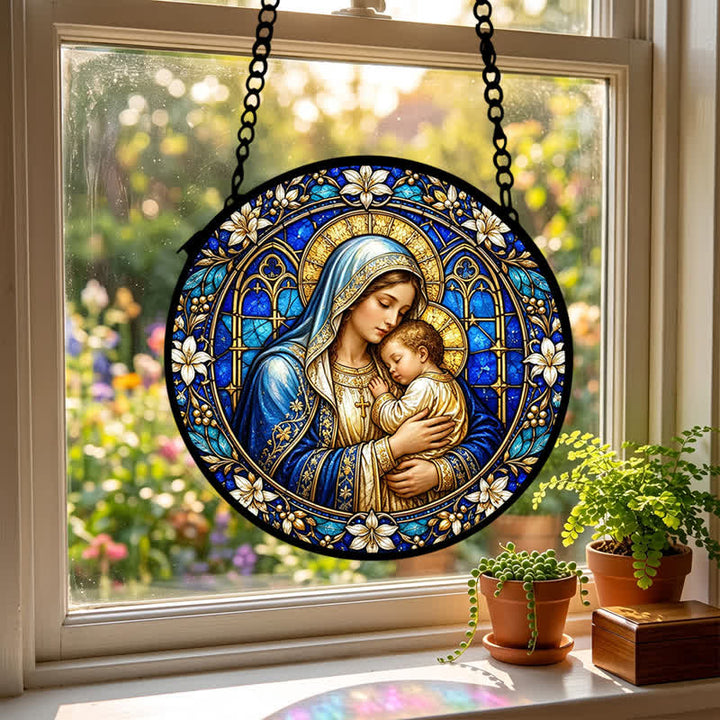 Christianartworkshop Atrapasueños circular ornamentado de cristal con forma de belén: emblema de la serena ternura divina. - image 2