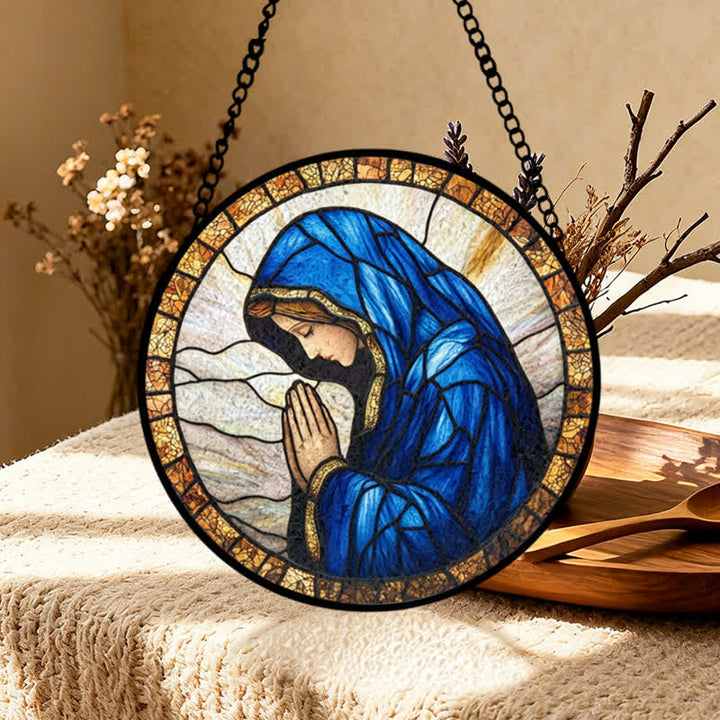Christianartworkshop Atrapasueños de vidrieras con la Virgen María orando: Emblema de la pura gracia celestial. - image 2