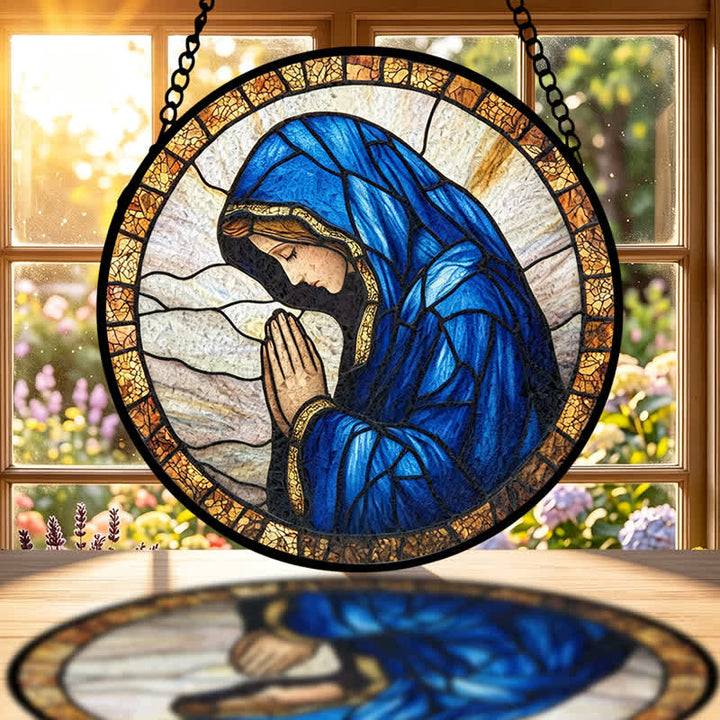 Christianartworkshop Atrapasueños de vidrieras con la Virgen María orando: Emblema de la pura gracia celestial. - image 1