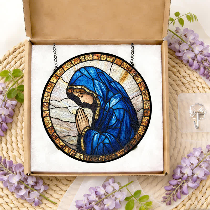 Christianartworkshop Atrapasueños de vidrieras con la Virgen María orando: Emblema de la pura gracia celestial. - image 11
