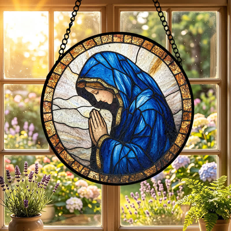 Christianartworkshop Atrapasueños de vidrieras con la Virgen María orando: Emblema de la pura gracia celestial. - image 4