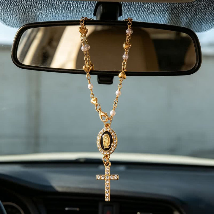 Christianartworkshop Charm para coche con cruz de Nuestra Señora y borde de gema ovalada: símbolo de consuelo divino constante. - image 0