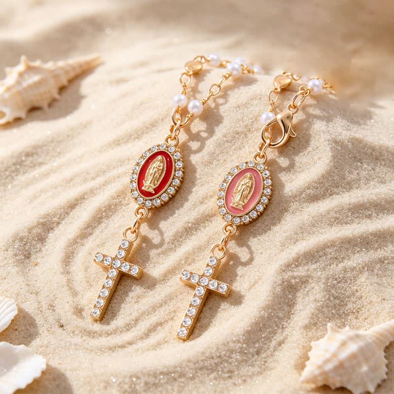 Christianartworkshop Charm para coche con cruz de Nuestra Señora y borde de gema ovalada: símbolo de consuelo divino constante. - image 2