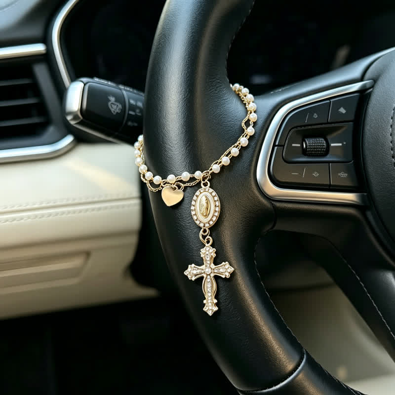 Christianartworkshop Elegante colgante para coche de cristal natural estilo rosario: portador de la silenciosa bendición celestial. - Nuestra Señora y la Cruz - image 0