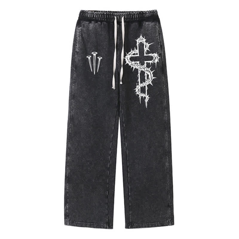 Christianartworkshop Pantalones deportivos con estampado de cruz de púas, estilo vintage, lavados y desgastados. - Negro - 2XL - image 0