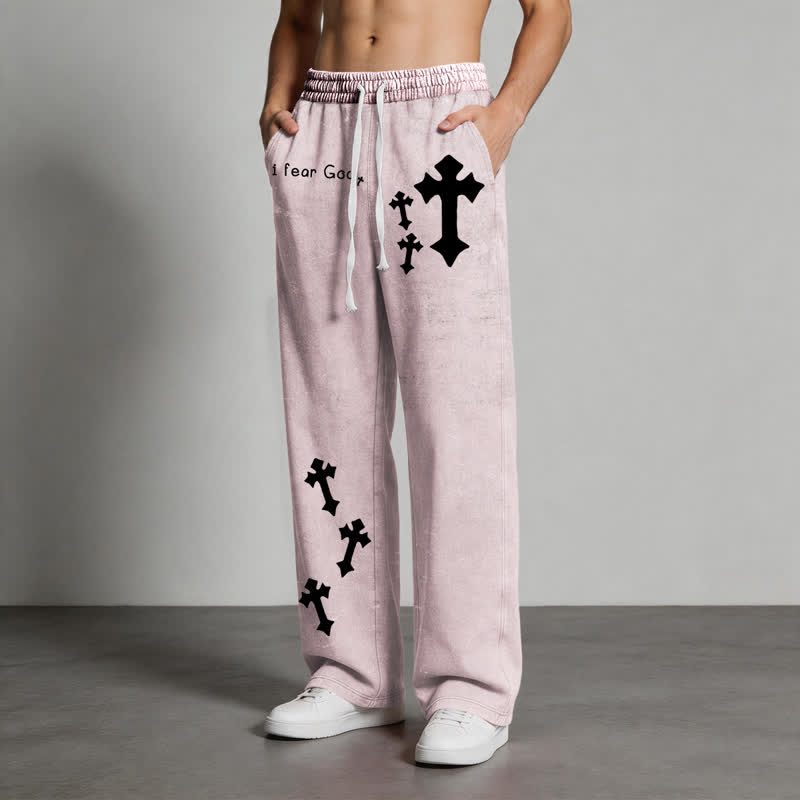 Christianartworkshop Pantalones deportivos rosas lavados con estampado de cruz "Temo a Dios" - image 4