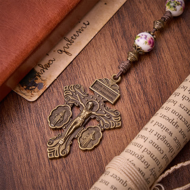 Christianartworkshop Rosario de oración con flores rosas en bronce envejecido, con medalla de Nuestra Señora y crucifijo. - image 8