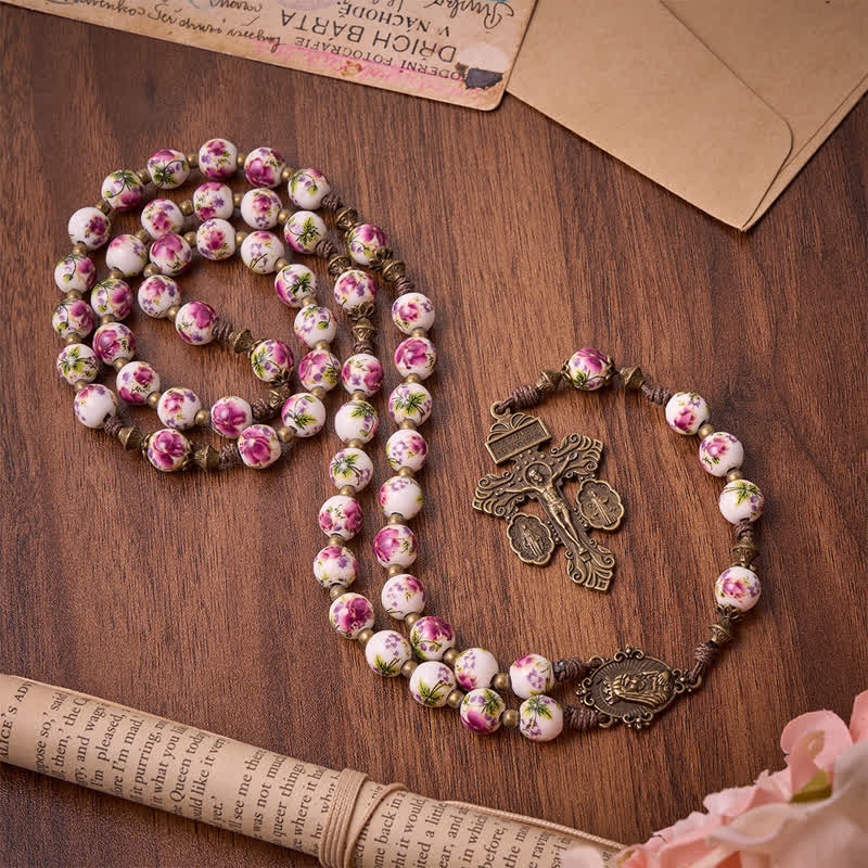Christianartworkshop Rosario de oración con flores rosas en bronce envejecido, con medalla de Nuestra Señora y crucifijo. - image 4