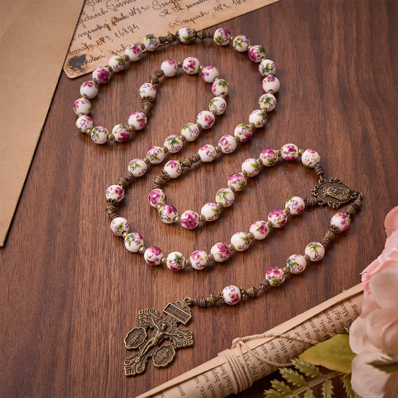 Christianartworkshop Rosario de oración con flores rosas en bronce envejecido, con medalla de Nuestra Señora y crucifijo. - image 3