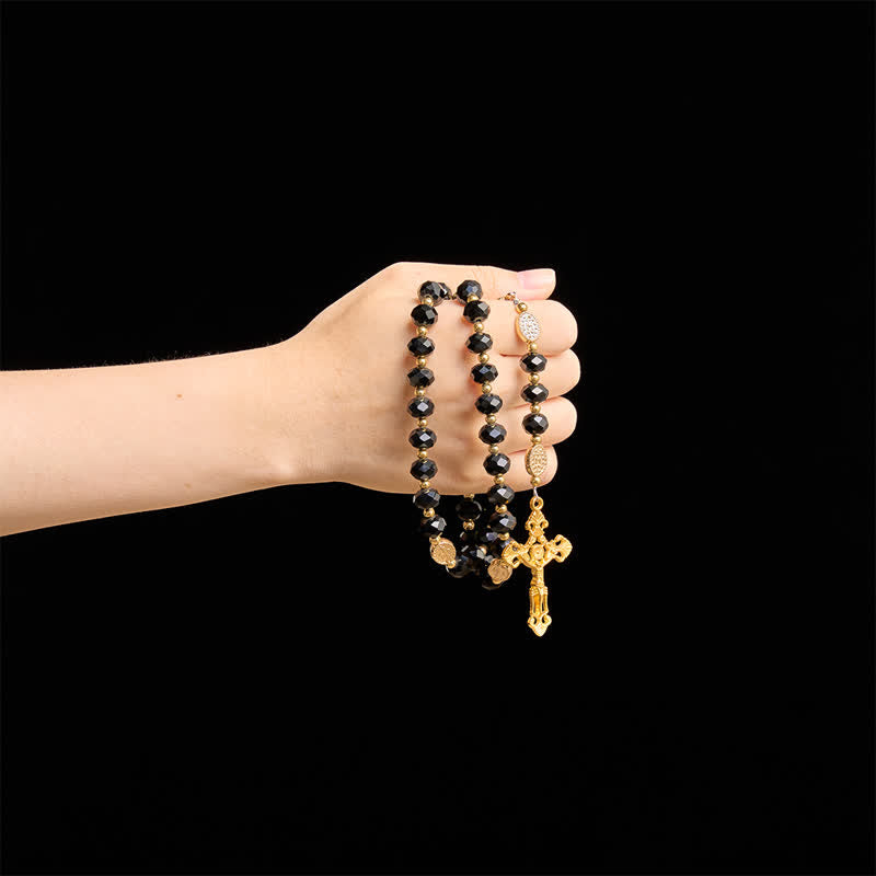 Christianartworkshop Rosario de lujo de cristal negro facetado con crucifijo dorado ornamentado y medalla de Nuestra Señora. - image 1