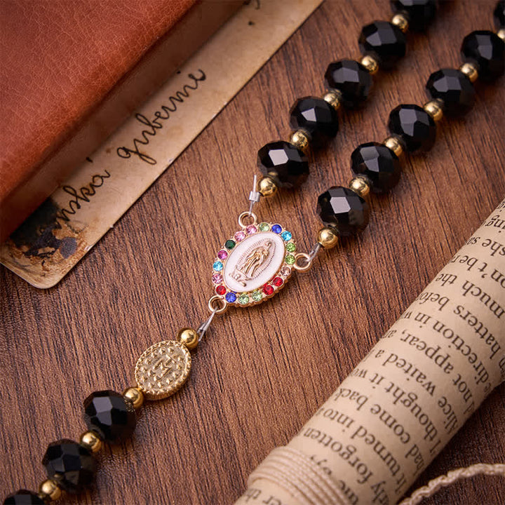 Christianartworkshop Rosario de lujo de cristal negro facetado con crucifijo dorado ornamentado y medalla de Nuestra Señora. - image 7