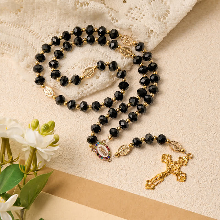 Christianartworkshop Rosario de lujo de cristal negro facetado con crucifijo dorado ornamentado y medalla de Nuestra Señora. - image 4