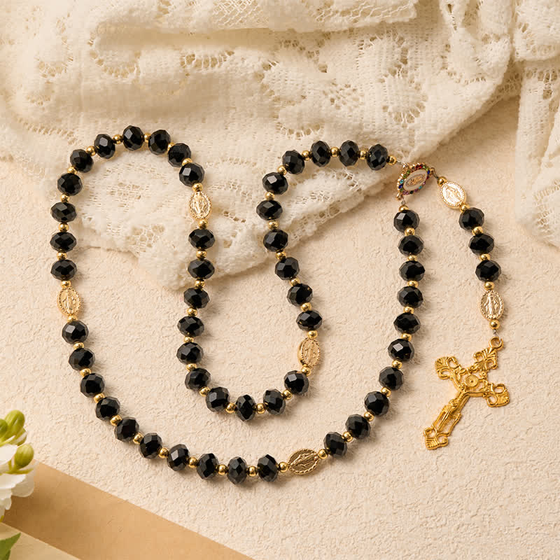 Christianartworkshop Rosario de lujo de cristal negro facetado con crucifijo dorado ornamentado y medalla de Nuestra Señora. - image 3