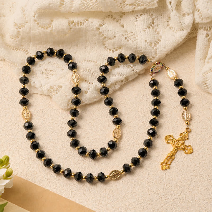 Christianartworkshop Rosario de lujo de cristal negro facetado con crucifijo dorado ornamentado y medalla de Nuestra Señora. - image 3