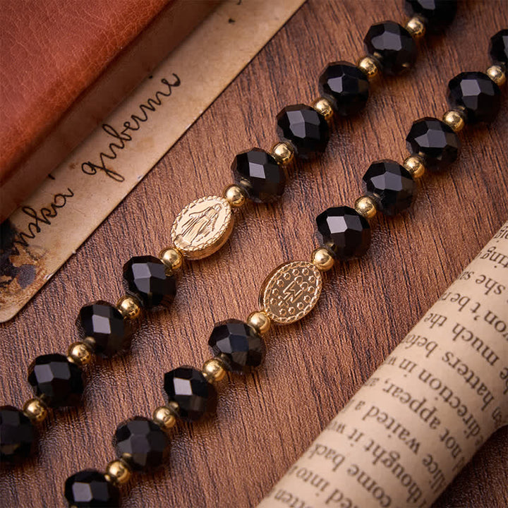 Christianartworkshop Rosario de lujo de cristal negro facetado con crucifijo dorado ornamentado y medalla de Nuestra Señora. - image 6