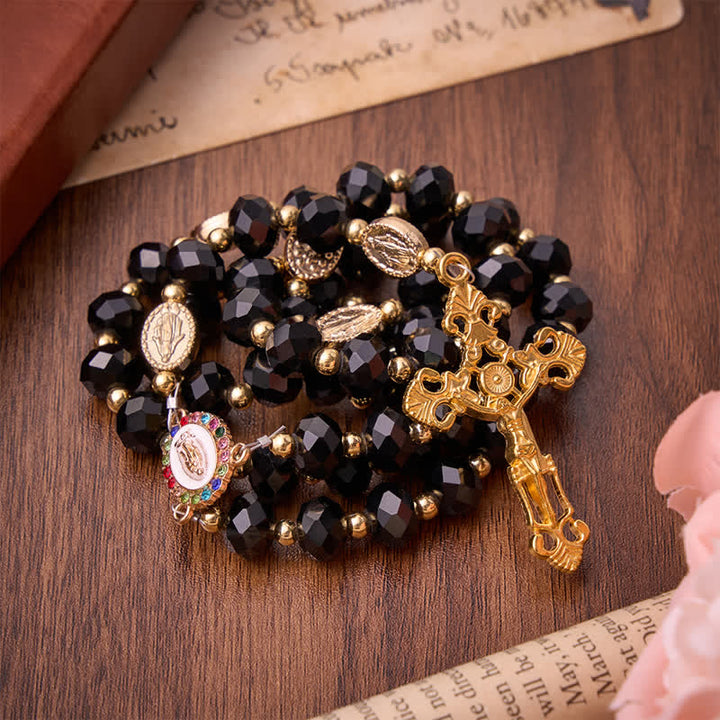 Christianartworkshop Rosario de lujo de cristal negro facetado con crucifijo dorado ornamentado y medalla de Nuestra Señora. - image 5