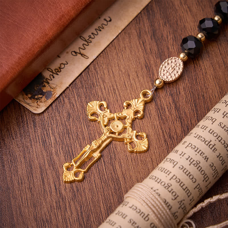 Christianartworkshop Rosario de lujo de cristal negro facetado con crucifijo dorado ornamentado y medalla de Nuestra Señora. - image 8